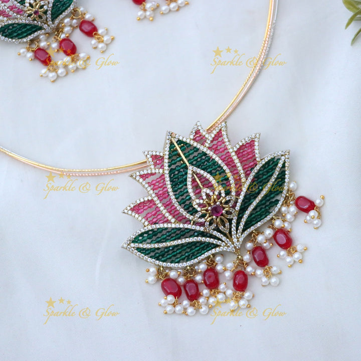 Exquisite Lotus Necklace Set with Earrings | Sparkle & Glow