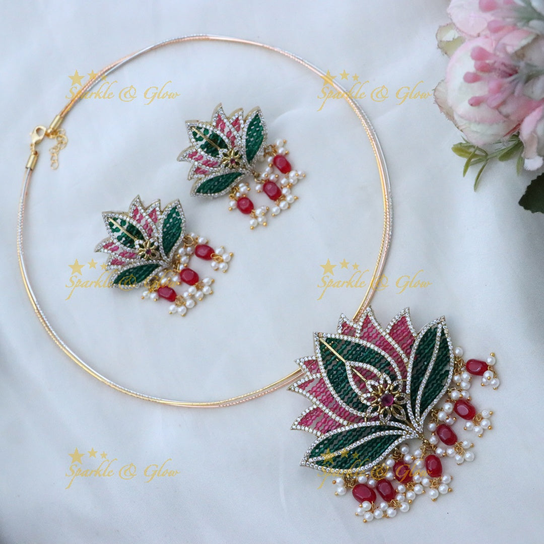 Exquisite Lotus Necklace Set with Earrings | Sparkle & Glow