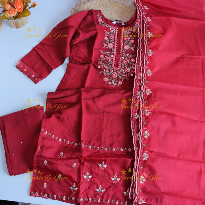 Beautiful Modal Silk Kurti pant with Organza Dupatta set- Marron