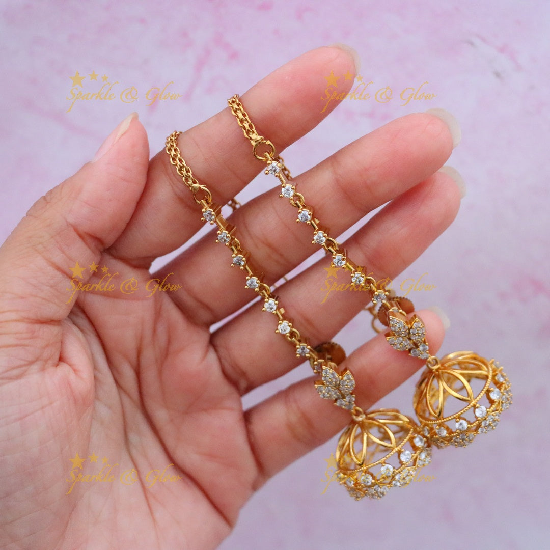 Elegant Bridal Gold Jhumka Earchain Set