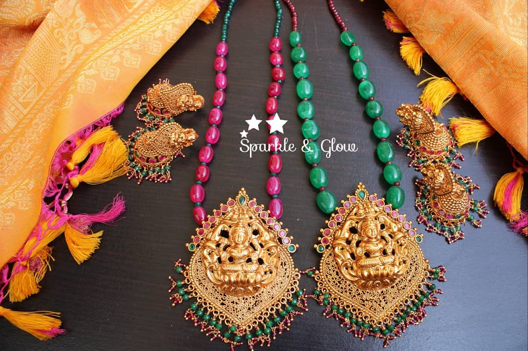 Green semi precious beads lakshmi pendent chain set