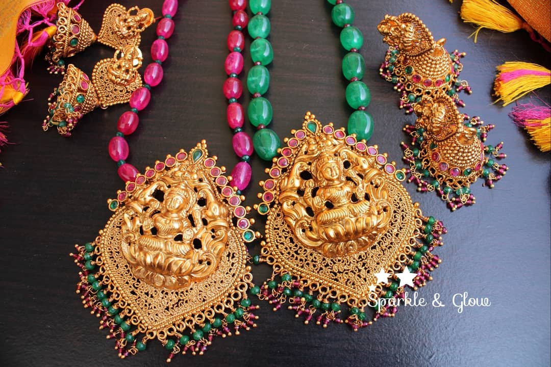 Green semi precious beads lakshmi pendent chain set