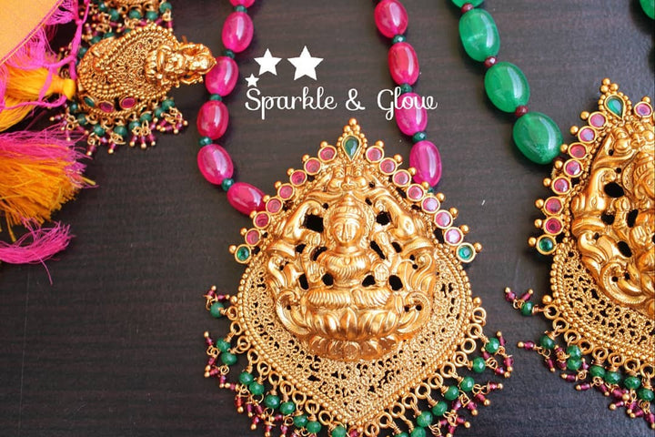 Green semi precious beads lakshmi pendent chain set