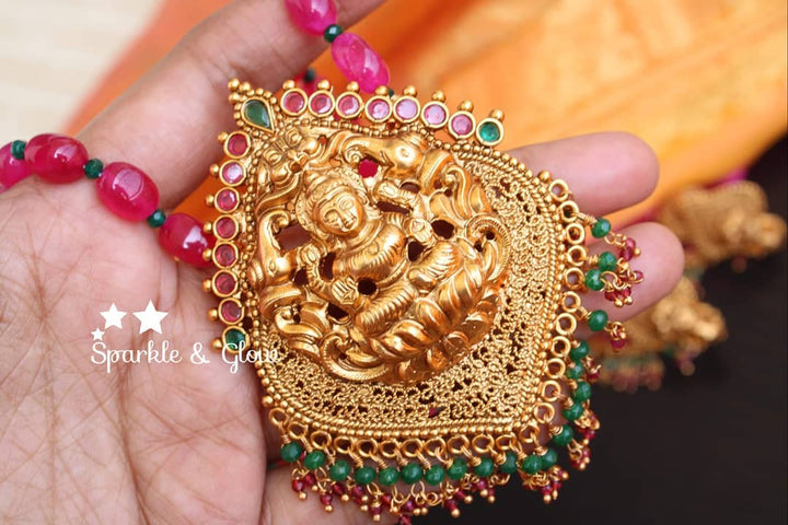 Green semi precious beads lakshmi pendent chain set