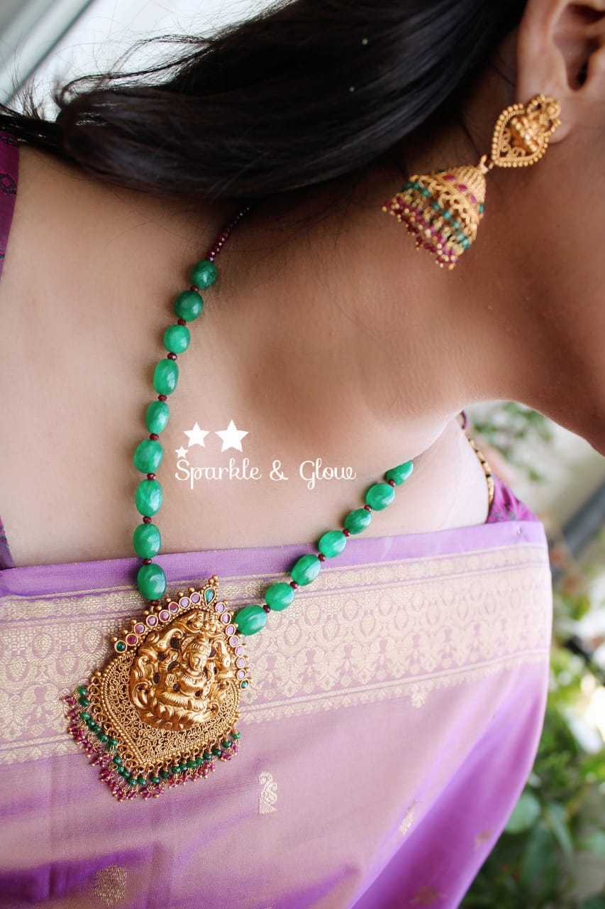 Green semi precious beads lakshmi pendent chain set