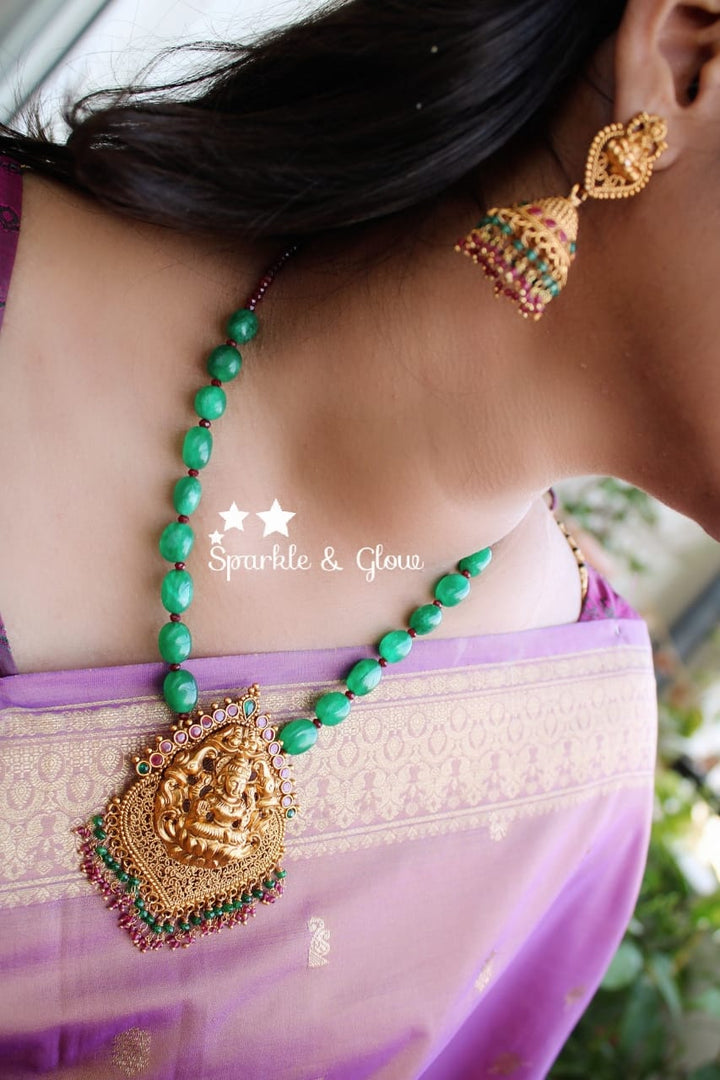 Green semi precious beads lakshmi pendent chain set