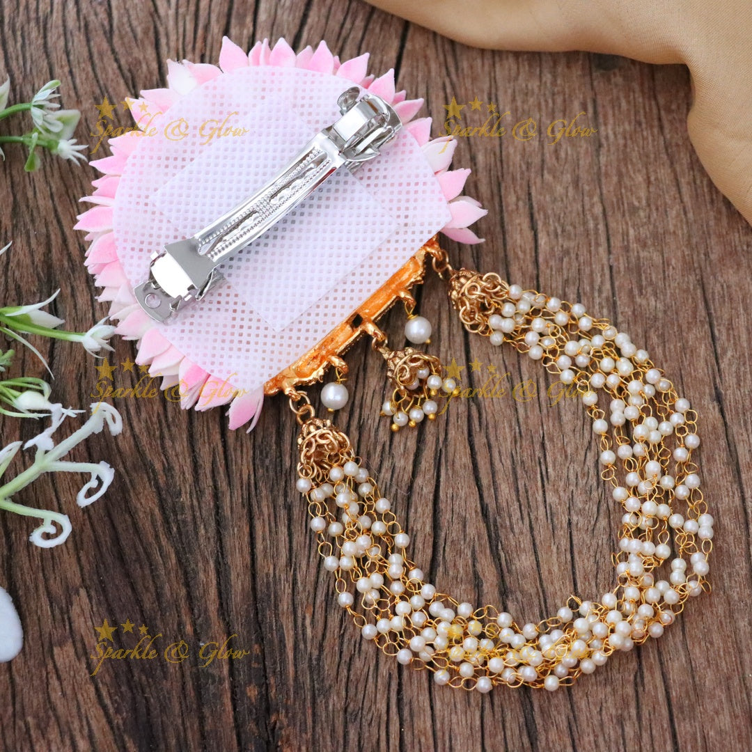 Divine Gold Temple Hair Clip with Pearls & Floral Design