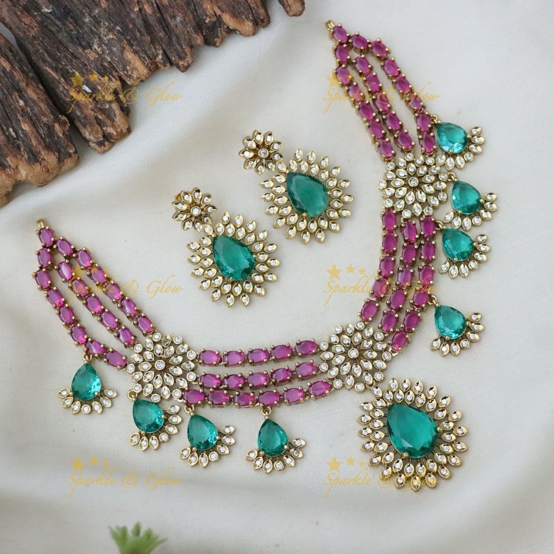 American Diamond & Emerald Necklace Set - Sparkle & Glow