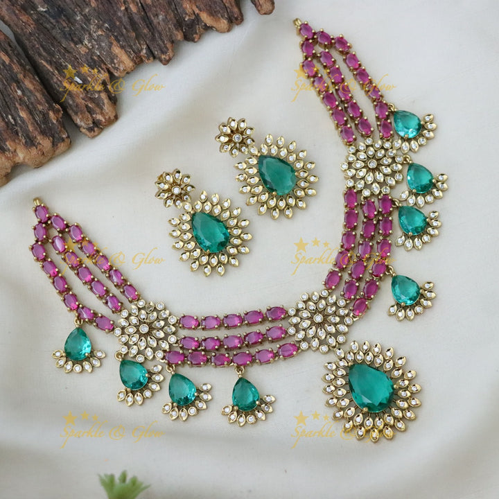 American Diamond & Emerald Necklace Set - Sparkle & Glow