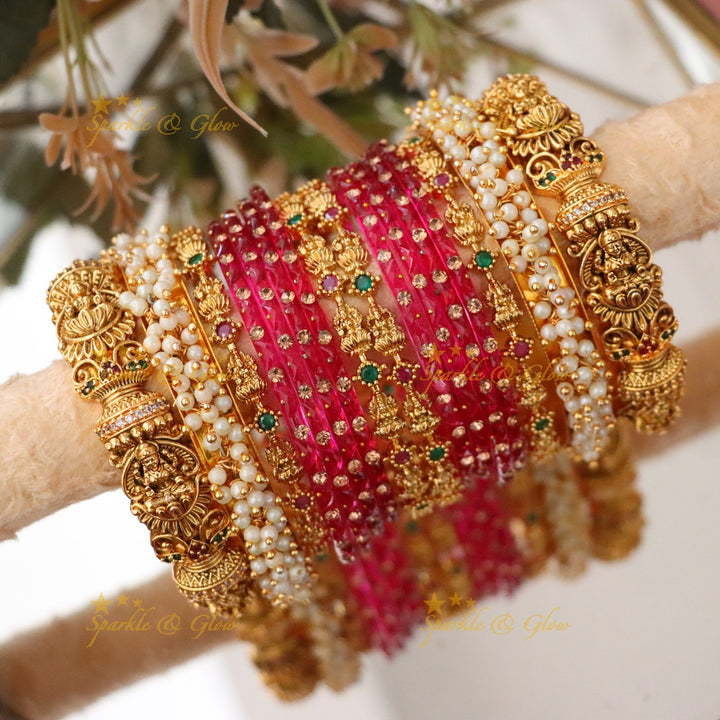 Elegant Lakshmi Floral Temple Bangles Set - Premium Imitation
