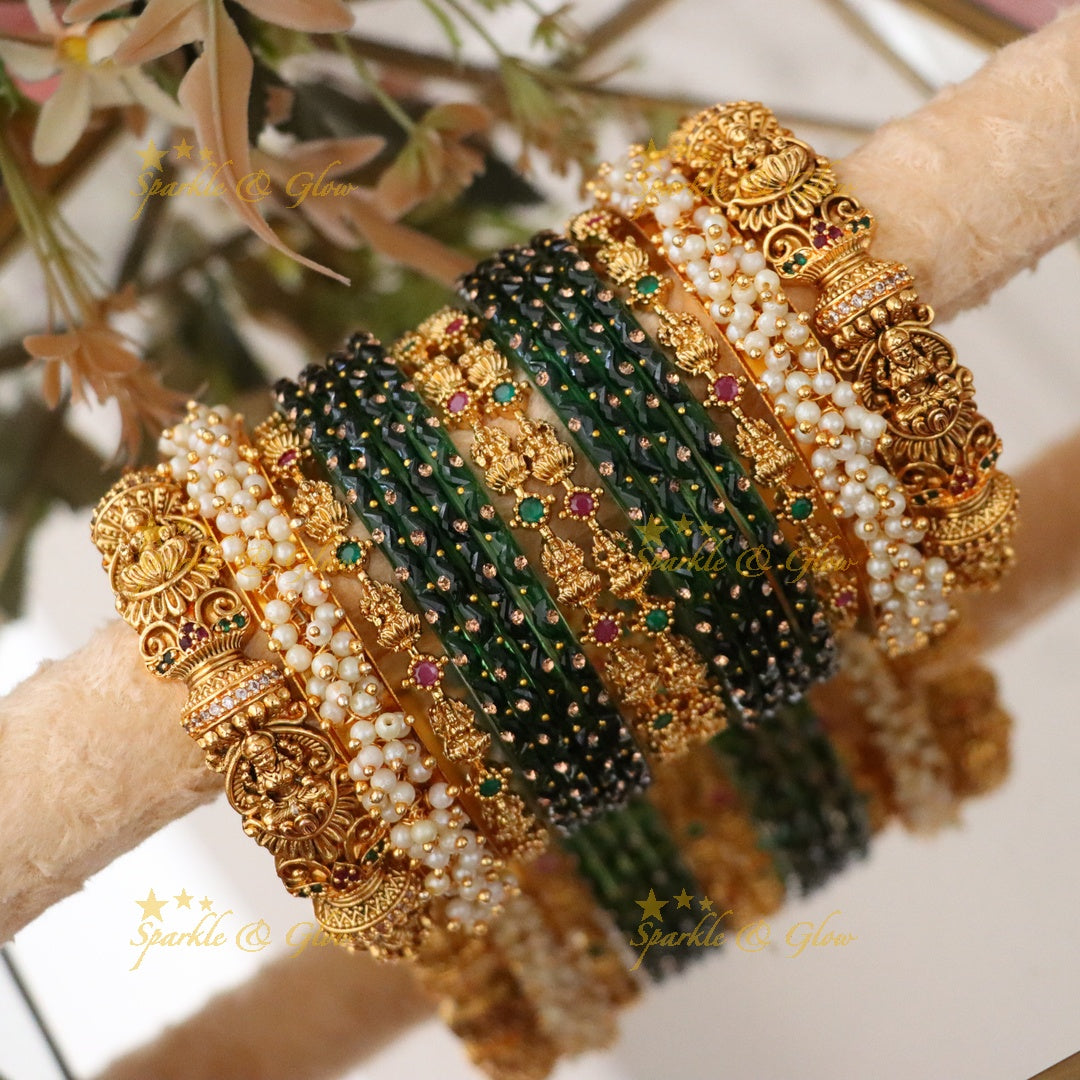 Elegant Lakshmi Floral Temple Bangles Set - Premium Imitation