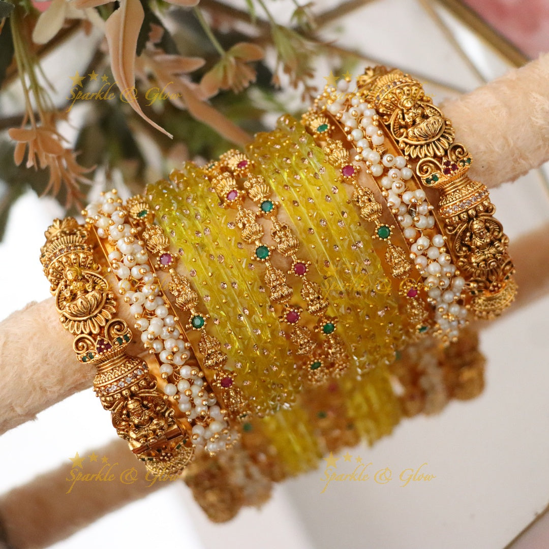 Elegant Lakshmi Floral Temple Bangles Set - Premium Imitation