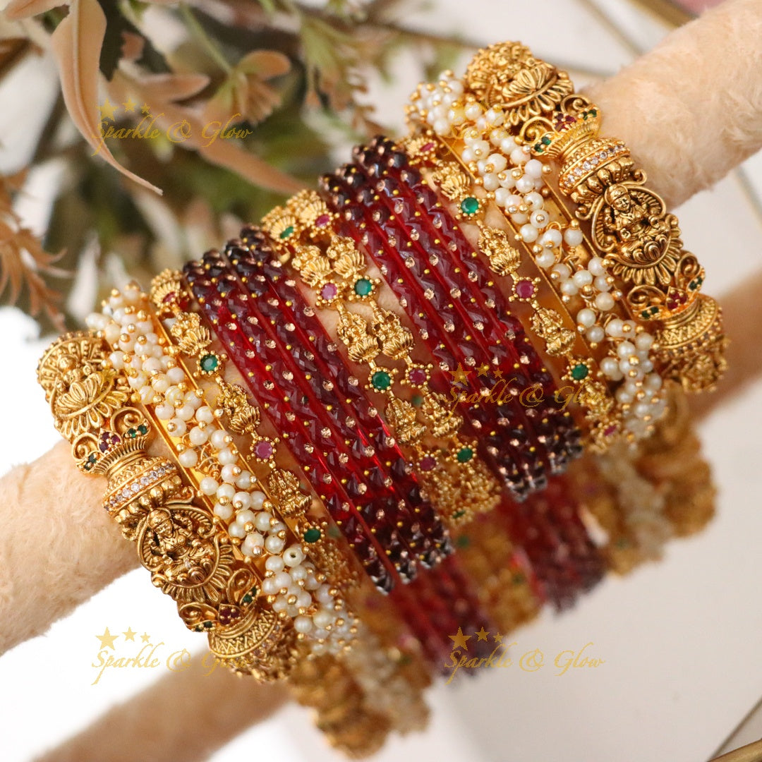 Elegant Lakshmi Floral Temple Bangles Set - Premium Imitation