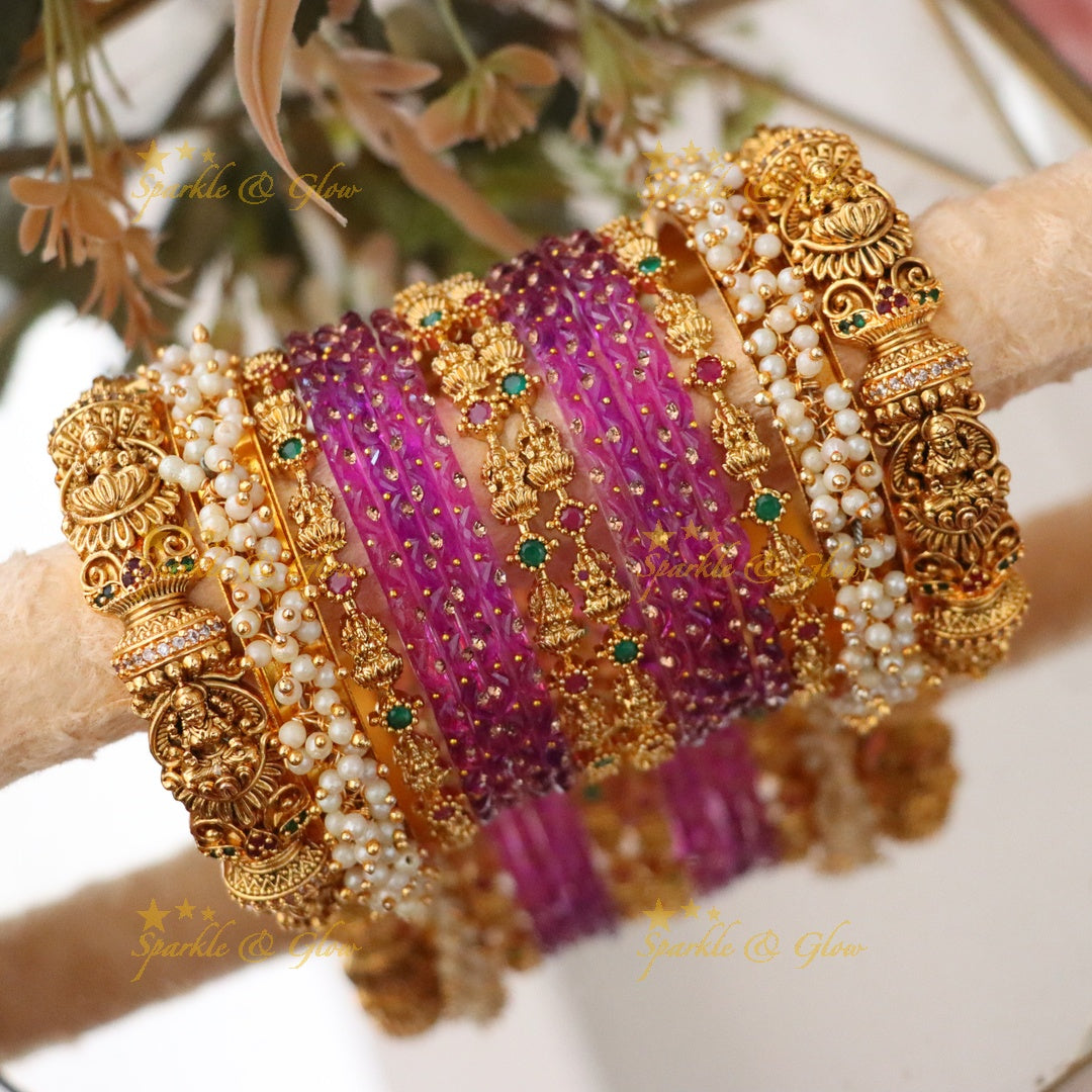 Elegant Lakshmi Floral Temple Bangles Set - Premium Imitation