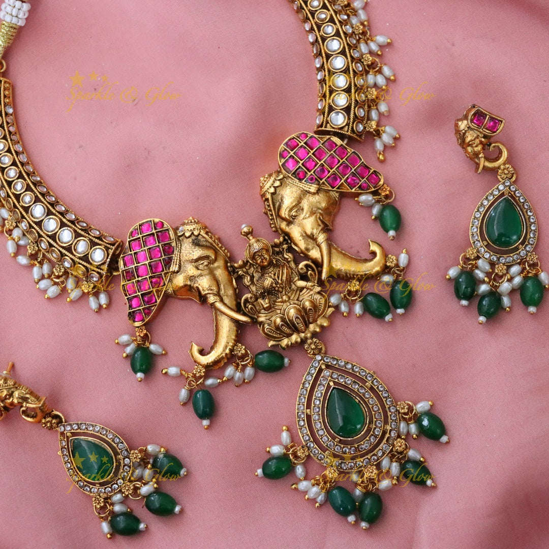 Stunning Temple Design Gold Necklace Set - Festive Charm