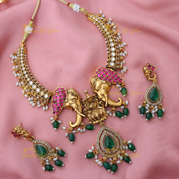 Stunning Temple Design Gold Necklace Set - Festive Charm