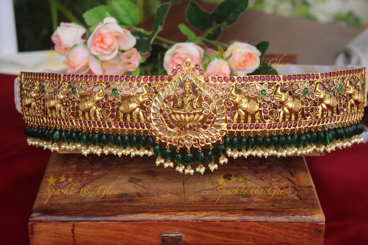 Gold alike Lakshmi Hipbelt with kemp stones and green beads
