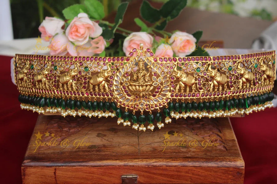 Gold alike Lakshmi Hipbelt with kemp stones and green beads - Sparkle and Glow