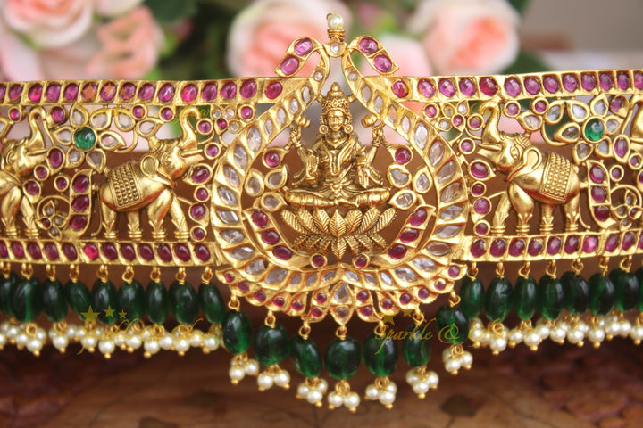 Gold alike Lakshmi Hipbelt with kemp stones and green beads