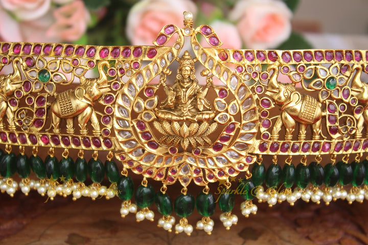 Gold alike Lakshmi Hipbelt with kemp stones and green beads