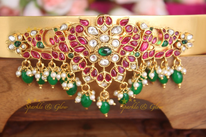 Gold alike Plain hipbelt with center peacock pendent made with kemp stones and green beads