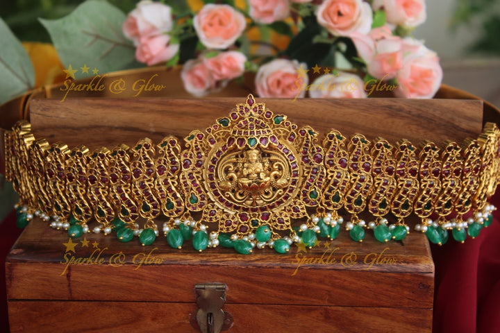 Gold alike real kemp stones  Lakshmi hipbelt with green beads