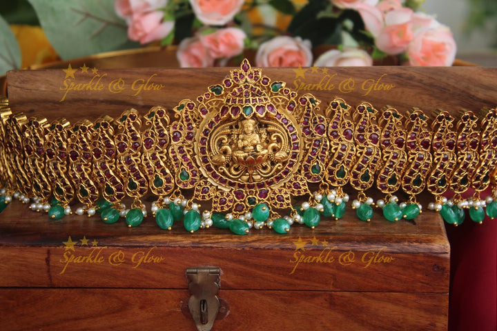 Gold alike real kemp stones  Lakshmi hipbelt with green beads