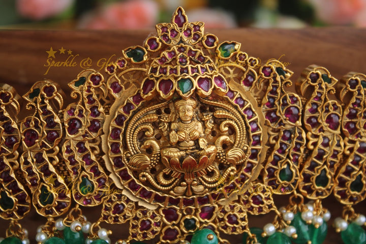 Gold alike real kemp stones  Lakshmi hipbelt with green beads