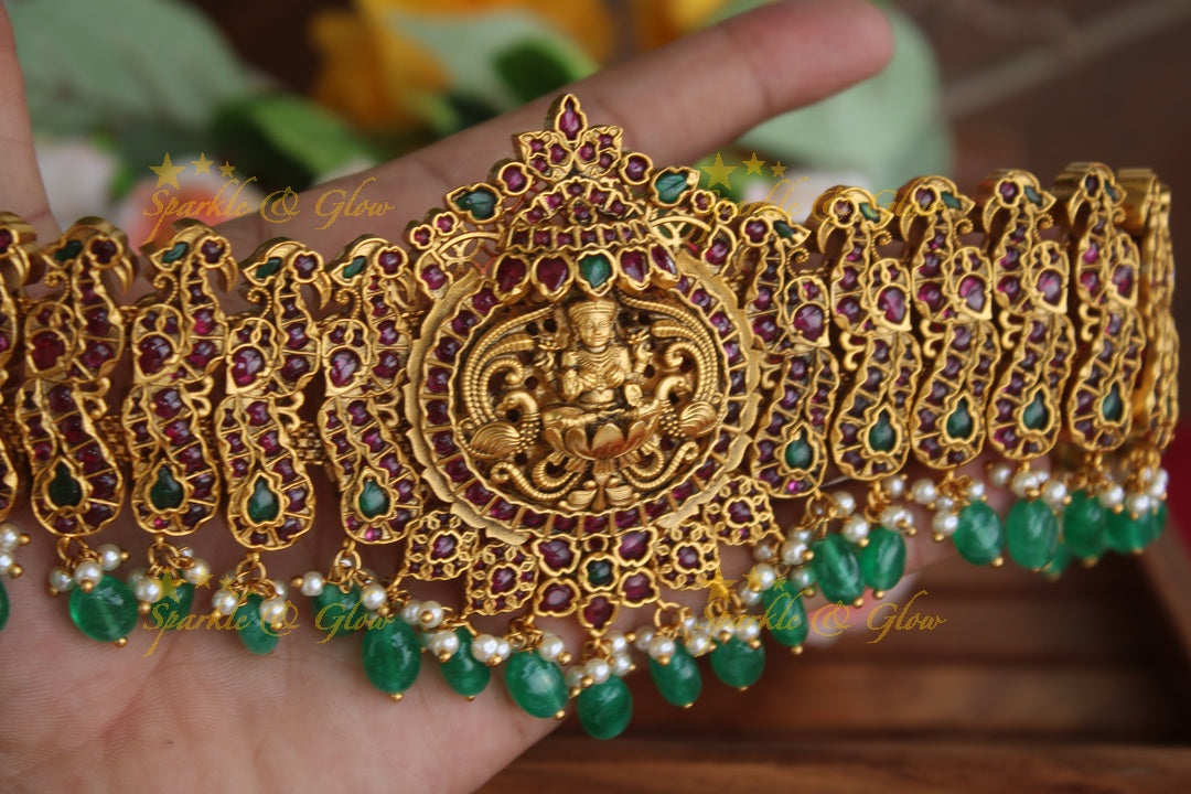 Gold alike real kemp stones  Lakshmi hipbelt with green beads