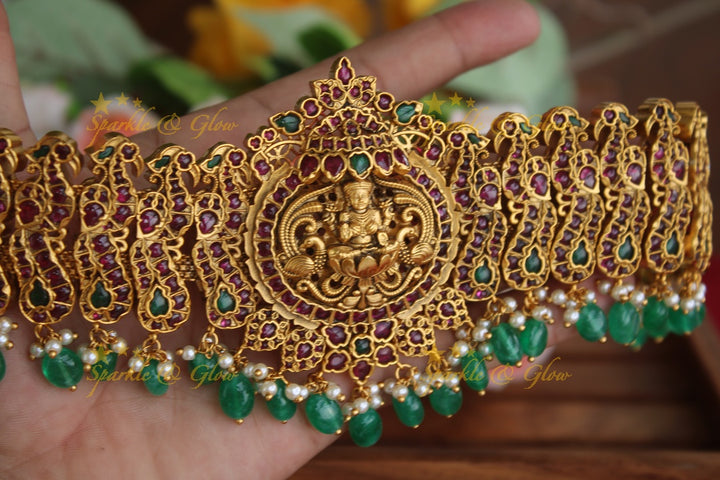 Gold alike real kemp stones  Lakshmi hipbelt with green beads