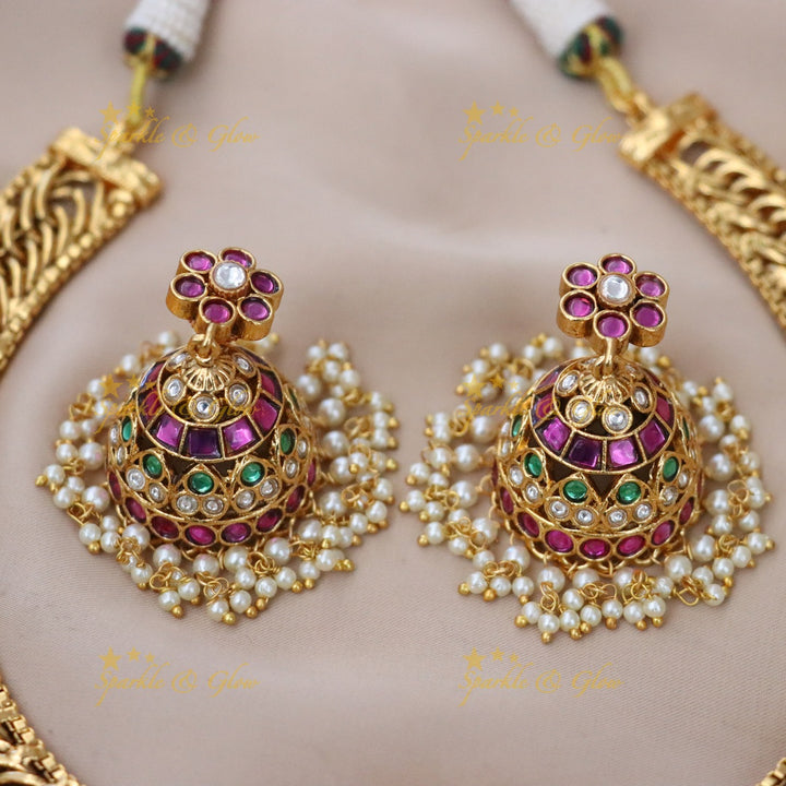 Exquisite Temple Necklace Set - Festive Gold-Plated Splendor
