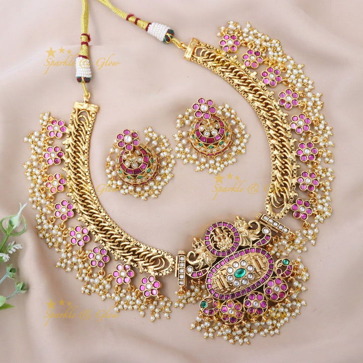 Exquisite Temple Necklace Set - Festive Gold-Plated Splendor