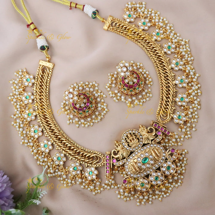 Exquisite Temple Necklace Set - Festive Gold-Plated Splendor