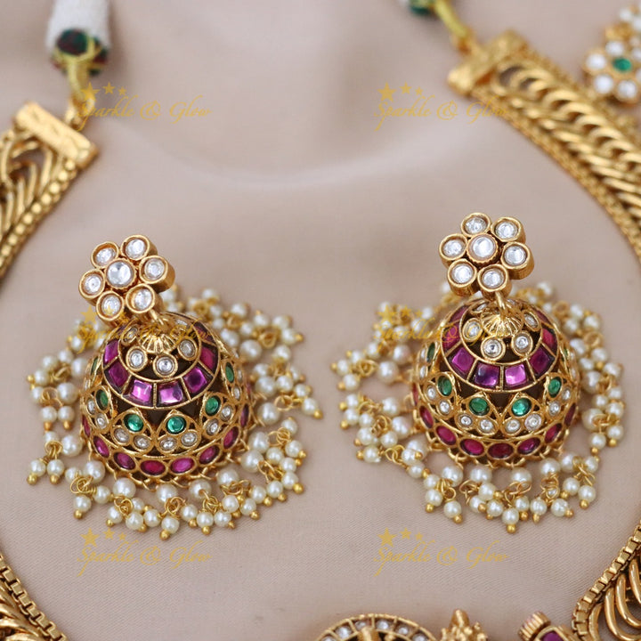 Exquisite Temple Necklace Set - Festive Gold-Plated Splendor