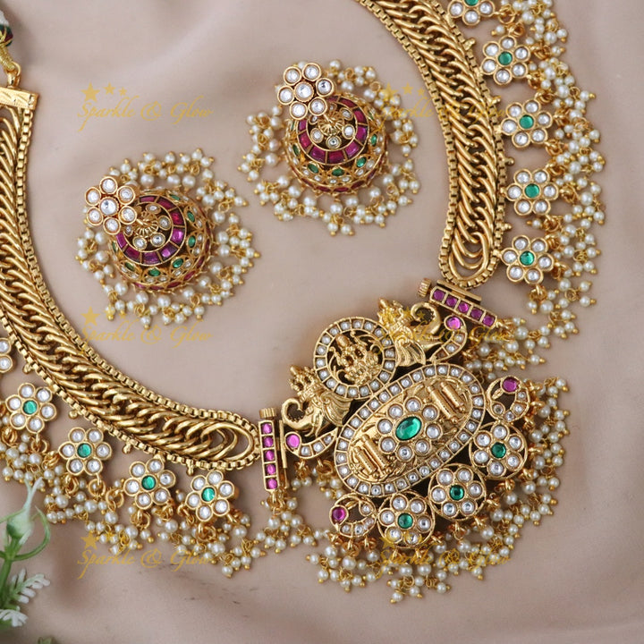 Exquisite Temple Necklace Set - Festive Gold-Plated Splendor