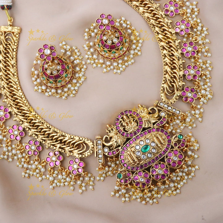 Exquisite Temple Necklace Set - Festive Gold-Plated Splendor
