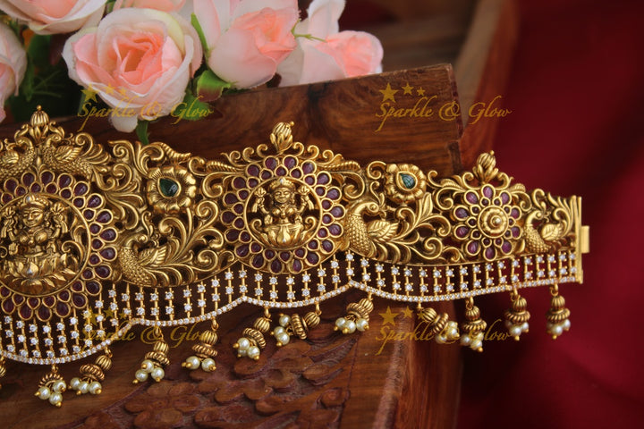 Gold alike antique Lakshmi hipbelt with CZ stones