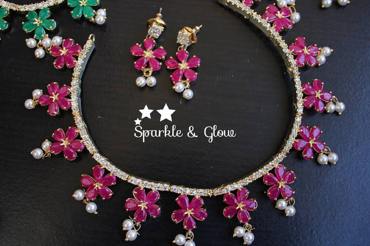 AD stones flower design necklace with pearl drops - Green