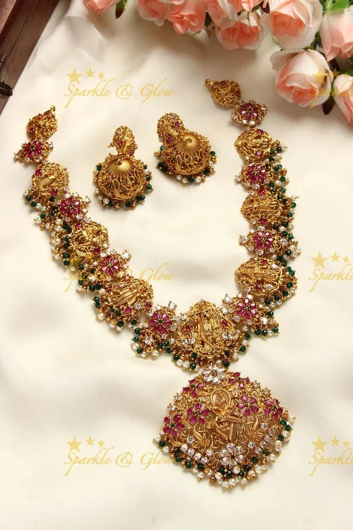 Gold alike Dashavatharam gutta pusalu necklace - White stone with pearl and green beads - Sparkle and Glow