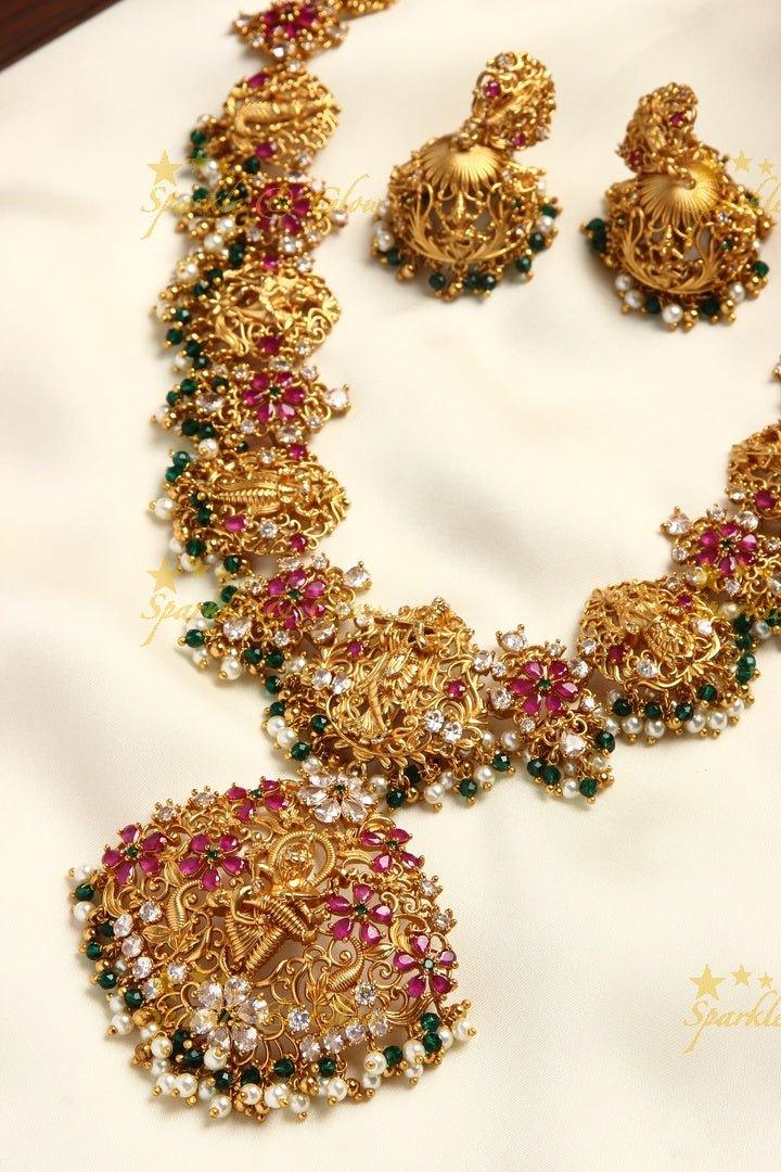 Gold alike Dashavatharam gutta pusalu necklace - White stone with pearl and green beads - Sparkle and Glow