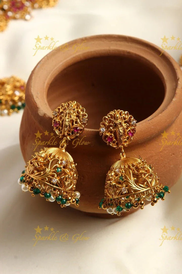 Gold alike Dashavatharam gutta pusalu necklace - White stone with pearl and green beads - Sparkle and Glow