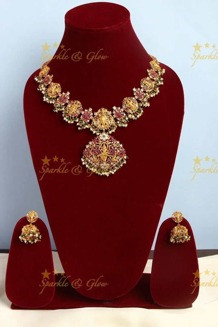 Gold alike Dashavatharam gutta pusalu necklace - White stone with pearl and green beads - Sparkle and Glow