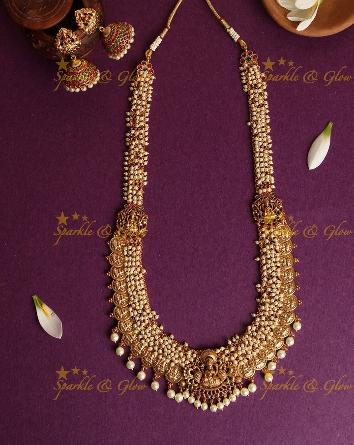 Premium Matte cluster beads coin long necklace - Pearl Multi