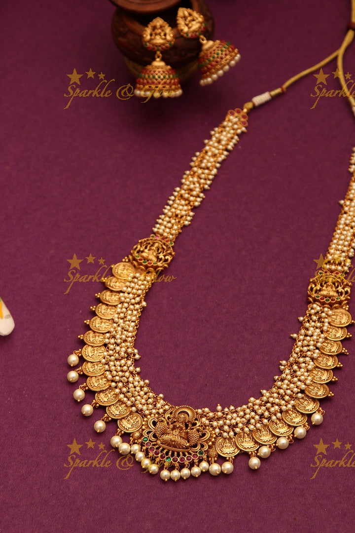 Premium Matte cluster beads coin long necklace - Pearl Multi