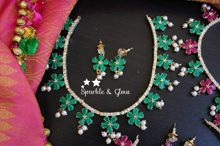 AD stones flower design necklace with pearl drops - Green