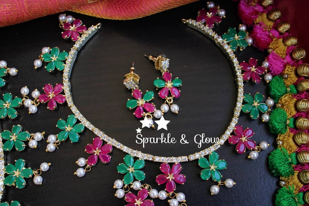AD stones flower design necklace with pearl drops - Green