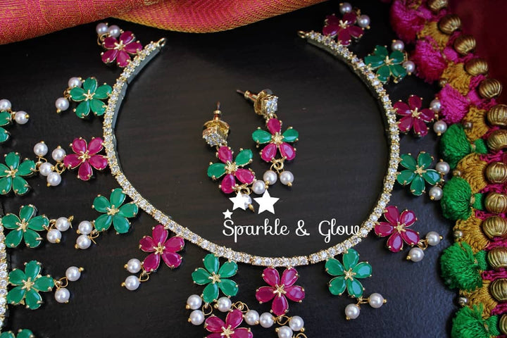 AD stones flower design necklace with pearl drops - Green
