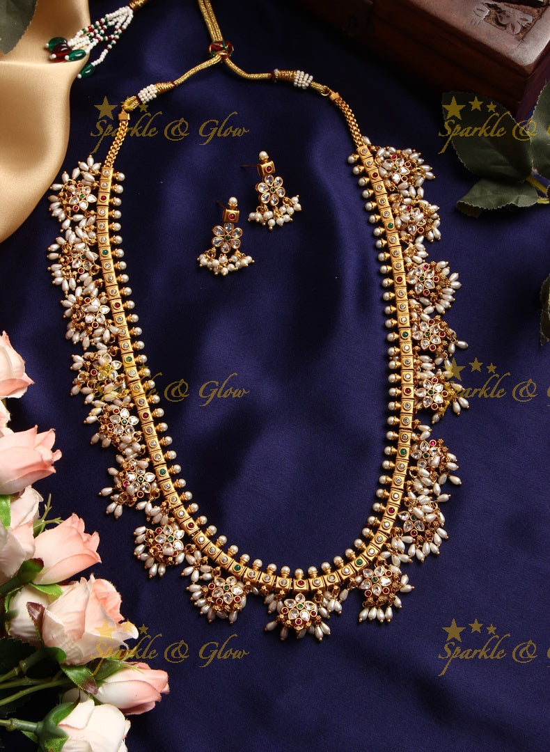 Premium Matte Floral Rice pearl Guttapusalu long necklace