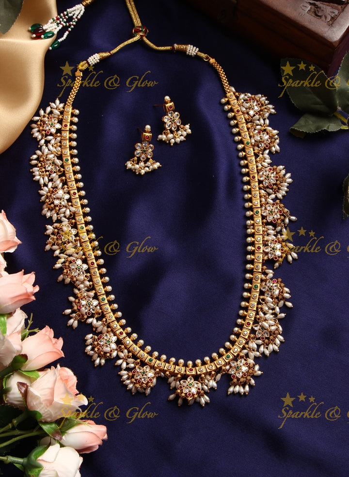 Premium Matte Floral Rice pearl Guttapusalu long necklace