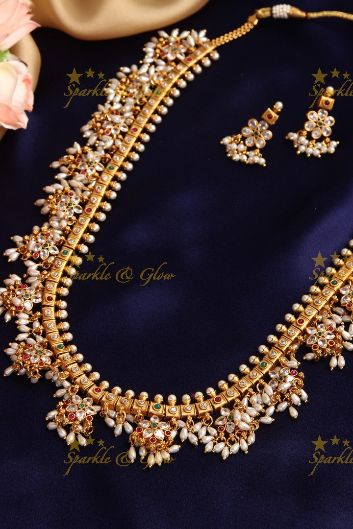 Premium Matte Floral Rice pearl Guttapusalu long necklace